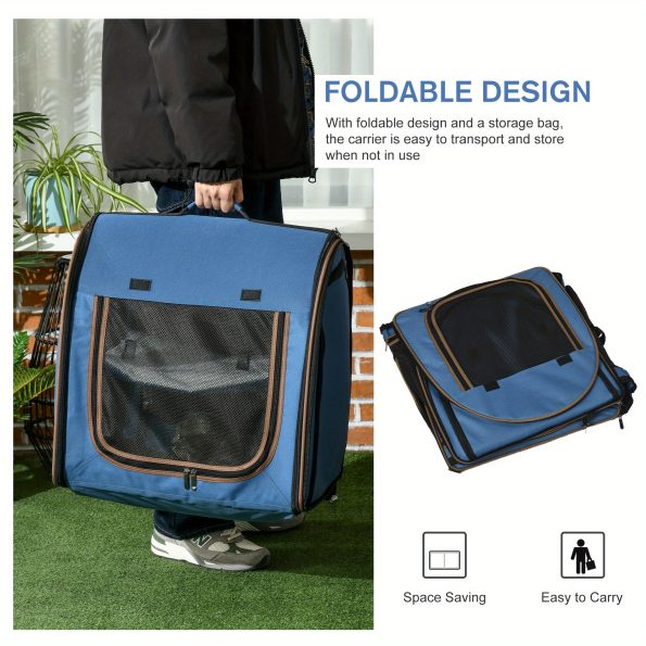 PawHut 39′′ Portable Soft-Sided Pet Cat Carrier with Divider, 2 Compartments, Soft Cushions, & Storage Bag, Blue
