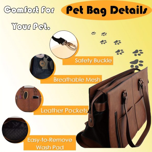 Leather Pet Carrier Tote Bag, Soft-Sided Fashion Handbag for Small Dogs, Puppies, and Cats, TSA Approved Airline-Friendly, Versatile with Multiple Zip Compartments for Travel and Daily Use