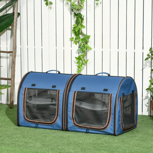 PawHut 39′′ Portable Soft-Sided Pet Cat Carrier with Divider, 2 Compartments, Soft Cushions, & Storage Bag, Blue