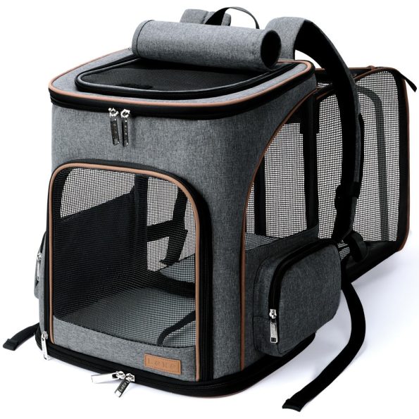 1pc Lekereise Expandable Pet Carrier Backpack, Polyester Dog and Cat Travel Bag with Zipper Closure, Adjustable Straps, Reflective Tape, Honeycomb Mesh Sponge for Small Dogs and Medium Cats – Grey