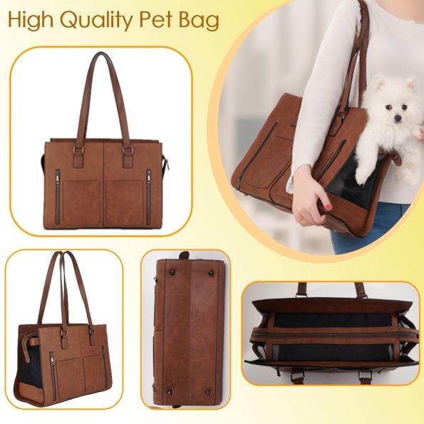 Leather Pet Carrier Tote Bag, Soft-Sided Fashion Handbag for Small Dogs, Puppies, and Cats, TSA Approved Airline-Friendly, Versatile with Multiple Zip Compartments for Travel and Daily Use