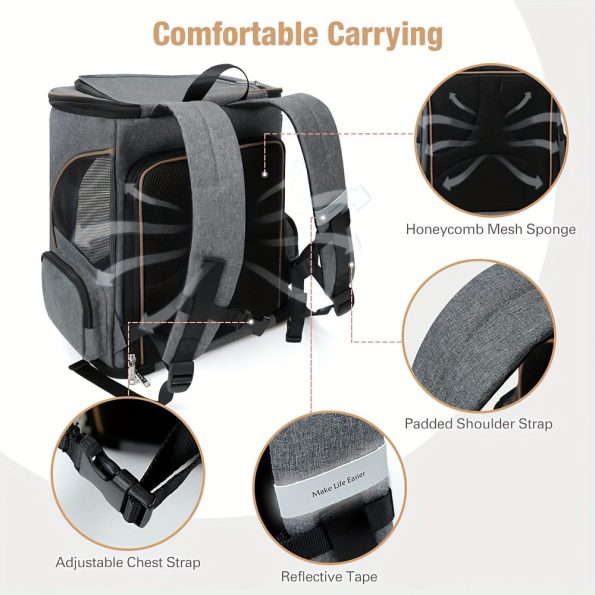 1pc Lekereise Expandable Pet Carrier Backpack, Polyester Dog and Cat Travel Bag with Zipper Closure, Adjustable Straps, Reflective Tape, Honeycomb Mesh Sponge for Small Dogs and Medium Cats – Grey