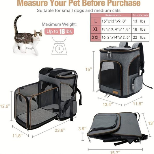 1pc Lekereise Expandable Pet Carrier Backpack, Polyester Dog and Cat Travel Bag with Zipper Closure, Adjustable Straps, Reflective Tape, Honeycomb Mesh Sponge for Small Dogs and Medium Cats – Grey