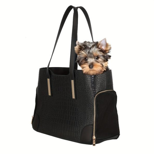 Fashion Dog Carrier Purse, Soft-Sided Leather Handbag Pet Tote Bag For Small Dogs Puppy And Cats TSA Airline Approved (Black)
