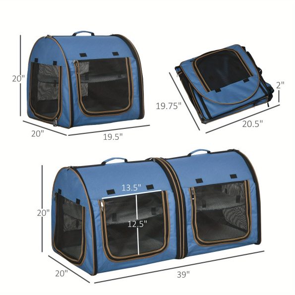 PawHut 39′′ Portable Soft-Sided Pet Cat Carrier with Divider, 2 Compartments, Soft Cushions, & Storage Bag, Blue