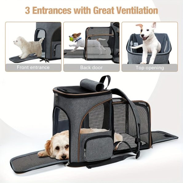 1pc Lekereise Expandable Pet Carrier Backpack, Polyester Dog and Cat Travel Bag with Zipper Closure, Adjustable Straps, Reflective Tape, Honeycomb Mesh Sponge for Small Dogs and Medium Cats – Grey