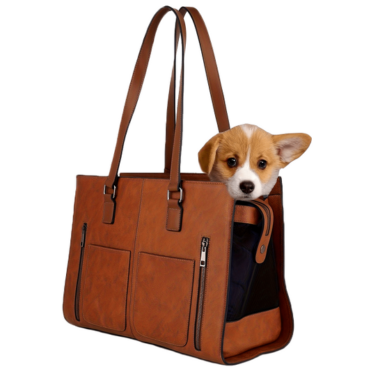 Leather Pet Carrier Tote Bag, Soft-Sided Fashion Handbag for Small Dogs, Puppies, and Cats, TSA Approved Airline-Friendly, Versatile with Multiple Zip Compartments for Travel and Daily Use