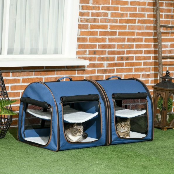 PawHut 39′′ Portable Soft-Sided Pet Cat Carrier with Divider, 2 Compartments, Soft Cushions, & Storage Bag, Blue