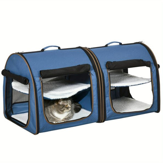 PawHut 39′′ Portable Soft-Sided Pet Cat Carrier with Divider, 2 Compartments, Soft Cushions, & Storage Bag, Blue