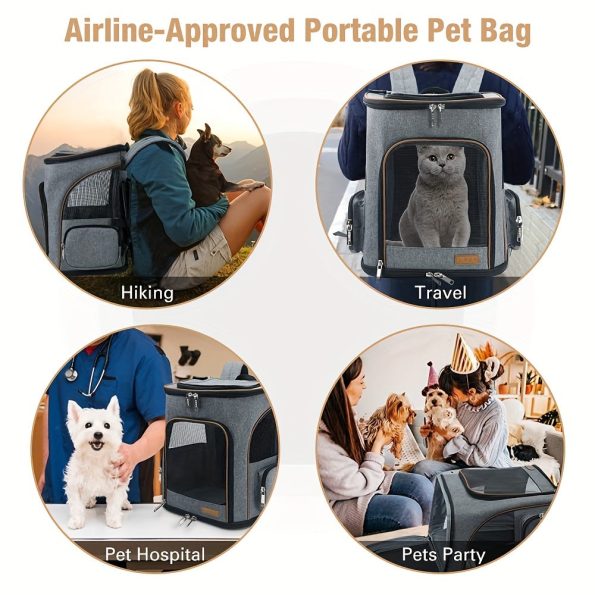 1pc Lekereise Expandable Pet Carrier Backpack, Polyester Dog and Cat Travel Bag with Zipper Closure, Adjustable Straps, Reflective Tape, Honeycomb Mesh Sponge for Small Dogs and Medium Cats – Grey