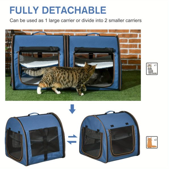 PawHut 39′′ Portable Soft-Sided Pet Cat Carrier with Divider, 2 Compartments, Soft Cushions, & Storage Bag, Blue