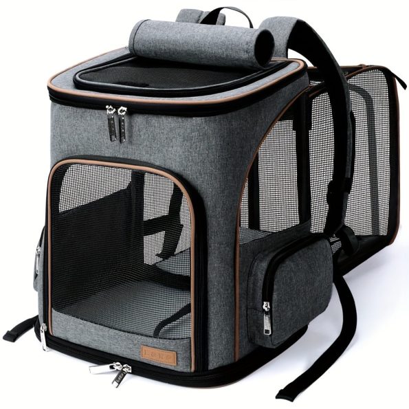 1pc Lekereise Expandable Pet Carrier Backpack, Polyester Dog and Cat Travel Bag with Zipper Closure, Adjustable Straps, Reflective Tape, Honeycomb Mesh Sponge for Small Dogs and Medium Cats – Grey