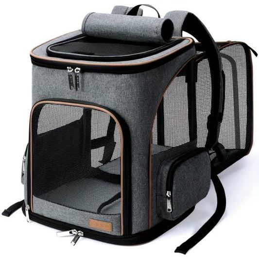 1pc Lekereise Expandable Pet Carrier Backpack, Polyester Dog and Cat Travel Bag with Zipper Closure, Adjustable Straps, Reflective Tape, Honeycomb Mesh Sponge for Small Dogs and Medium Cats – Grey